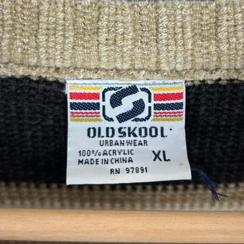 Old Skool Urban Wear Knit Sweater Size XL Brown Tan Striped CHUNKY Grandpa‎ 90s